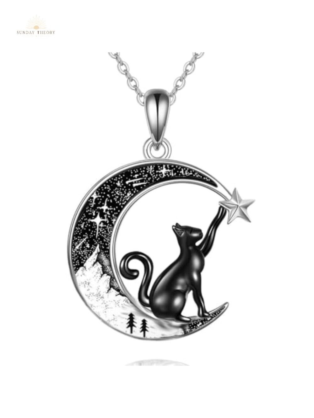 Gothic Black Cat Pendant Necklace 925 Sterling Silver Moon Jewelry Women Gift